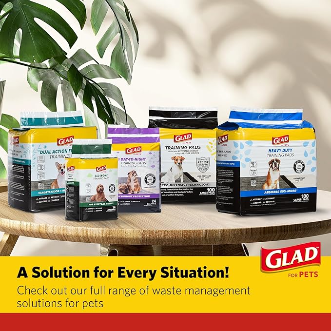 Glad for Pets Dual Action Freshness Activated Carbon Puppy Pads, Fragrance Release, Scented Odor Control, 6-Layer Leak-Proof, Pheromone Attractant, 23 x 23 Inch, 100 Count