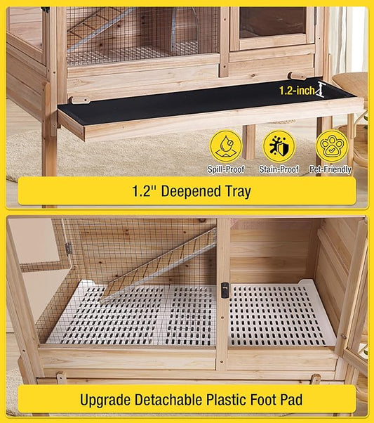 Aivituvin Guinea Pig Cages, Rabbit Hutch with Anti-Chew Frame, Bunny Cage with Deepened Pull-Out Tray, 3 Openable Areas, Assemblable Legs, Ramp & Hideout Included - Wooden