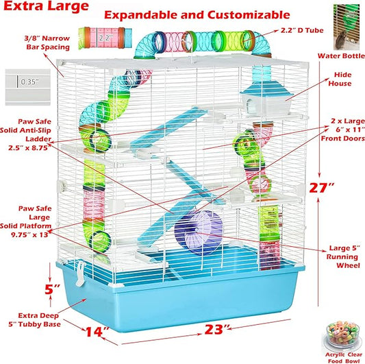 Extra Large 23" Multi-Tiers Easy Setup Hamster Palace Gerbil Habitat Mouse House Mice Home Critters Cage Complete Set of Accessories Expandable Customizable Hide House Food Bowl Running Wheel