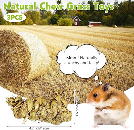 Tfwadmx 3 Pcs Rabbit Chew Toys for Teeth, Small Animal Molar Toys Treats Bunny Natural Grass Chew Toys Snacks Knot for Bunnies Guinea Pigs Hamsters Chinchillas
