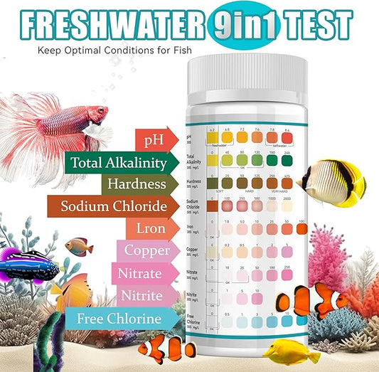 9-Way Aquarium Test Strips,50 Strips Aquarium Test Kit for Fish Tanks & Ponds, Quick & Accurate Water Testing Iron Copper Sodium Chlorine Nitrate Nitrite Total Alkalinity Hardness Free Chlorine pH