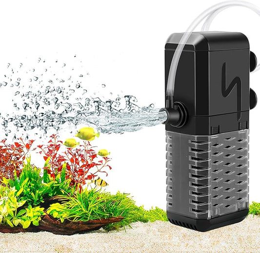AQQA Aquarium Filter, Submersible Power Fish Tank Filter with Rainwater Aerator System Adjustable Water Flow Design, Ultra Silent Biochemical Sponge Filtration Up to Fish Tank 50 Gallon (6W-158GPH)