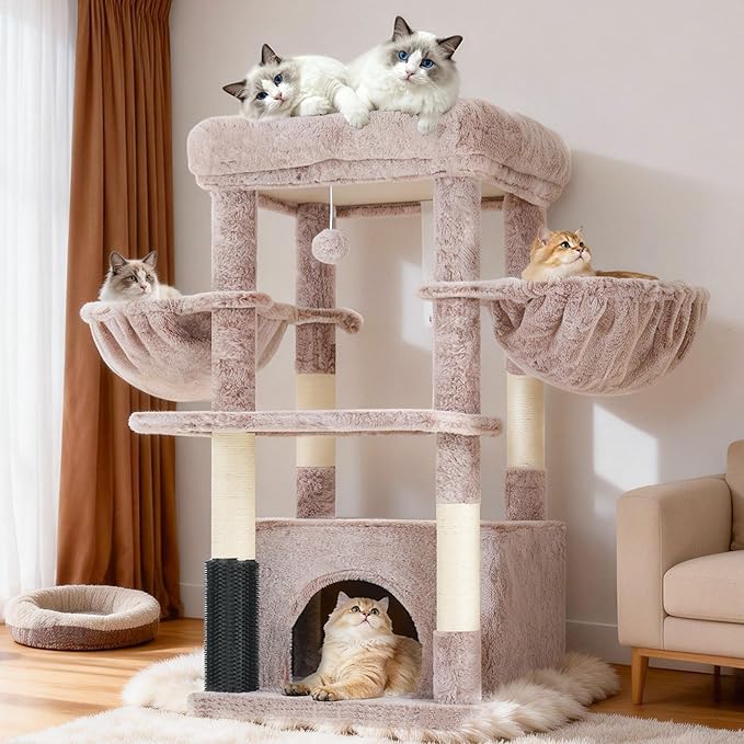 Hey-brother Cat Tree Tower with Extra Large Platform, Spacious Condo, 2 Cozy Hammocks, Self-Grooming Brush, Sisal Scratching Posts for Big Indoor Adult, Maine Coon, 35.4 Inches, Muchroom MPJ060MU