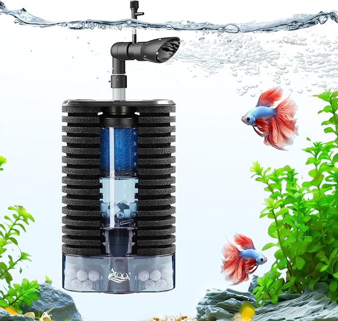 AQQA Aquarium Sponge Filter for Fish Tanks Ultra Quiet DC 5V Multi-Stage Biological Filtration with Fluidized Bed, Safe Low Voltage Fish Filter for Up to 66 Gal Tank (4W 92GPH)