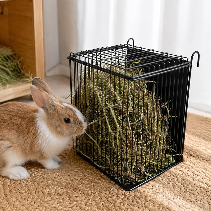 Gralara Rabbit Hay Holder with Hook for Cage Food Dispenser Hanging Guinea Pig Hay Feeder Storage Basket for Outside Chinchillas, 26cmx27.5cmx31.5cm