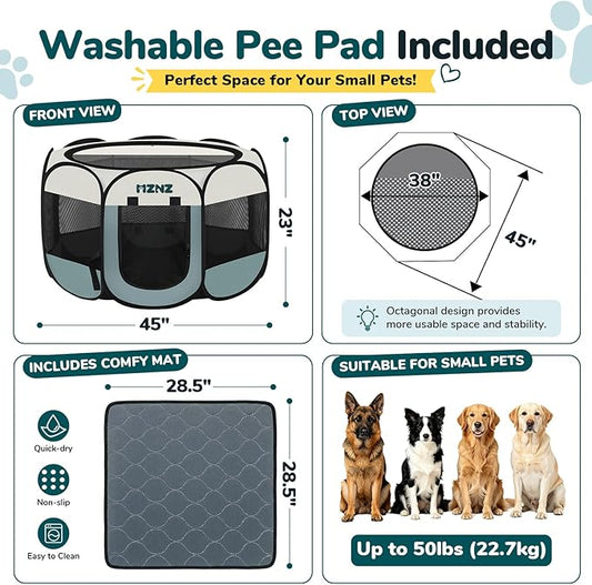 Dog Playpen with Pee Pad, Portable Puppy Pet Crate Indoors for Small/Medium/Large Dogs Cats Rabbits, Foldable Dog Cage Enclosure for Outdoor, Pop Up Dogs Tent Kennel with Carrying Case, Grey