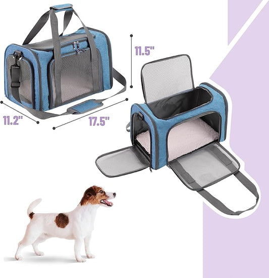 Mr. Pen- Pet Carrier, 17.5" x 11.2" x 11.5", Medium Size, Blue, Portable Travel Carrier for Small Pets, Cats & Small Dogs, Breathable Mesh, Safety Inner Leash, Side Pocket & Padded Shoulder Strap