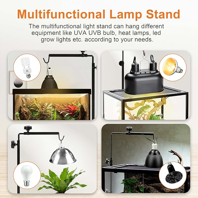 Simple Deluxe Reptile Light Stand Adjustable 14-26 inch Floor Lamp Holder, Metal Bracket for Reptile Tank & Terrarium Heating Light