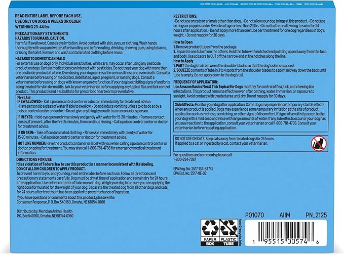 Amazon Basics Preventative Flea and Tick Topical Treatment for Medium Dogs (23-44 lbs), Up to 30 Days Protection, Fast Acting, 6 Counts, Packaging May Vary