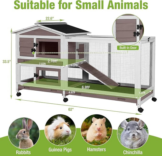 Rabbit Hutch Indoor Outdoor, 62" Wooden Rabbit Cage with 6 Lockable Wheels, Bunny Cage with Pull Out Trays, Waterproof Asphalt Roof, Small Animal House for Rabbits, Guinea Pigs, Chinchillas