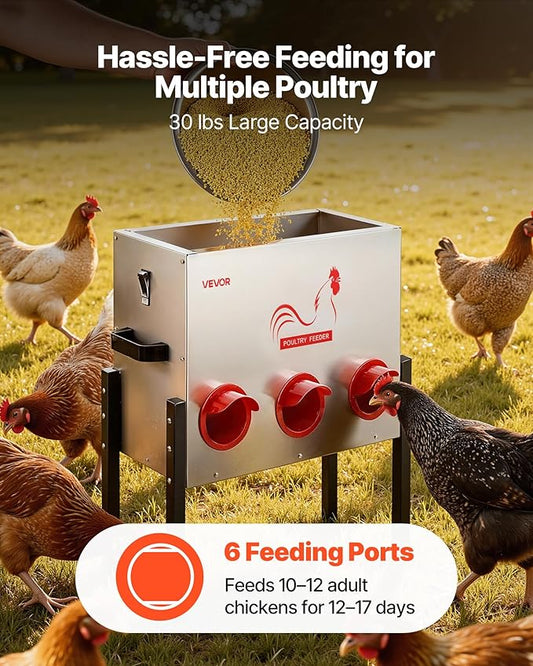 VEVOR Automatic Chicken Feeder, 30 lbs Capacity, 6 Feeding Ports No-Waste Poultry Feeder, Automatic Gravity, with Adjustable Height & Locking Lid, Metal Construction, for Chickens Bantams Pheasants