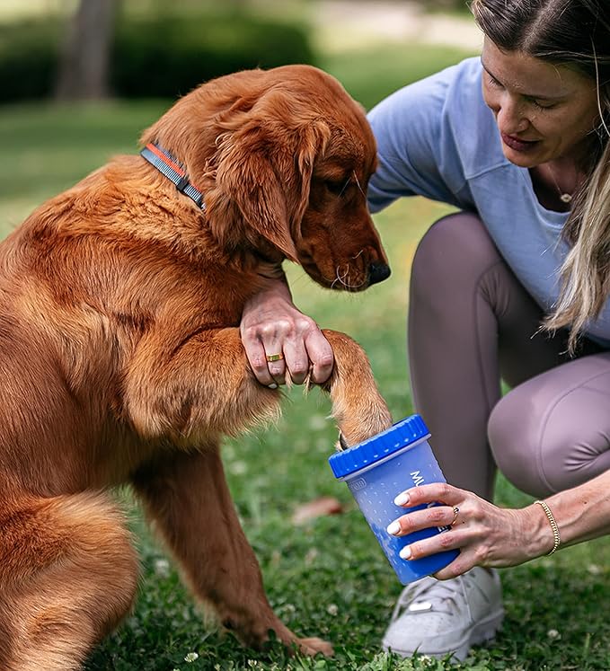 Dexas MudBuster Medium Dog Paw Cleaner in Pro Blue - Fits 1.5"-2.5" Wide Paws, Portable Paw Washer for Muddy Paws, Dog Paw Cleaning Cup with Gentle Silicone Bristles, Quick Clean Pet Paw Washer