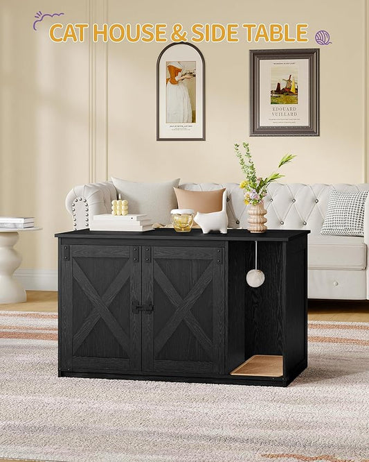 Hzuaneri Cat Litter Box Enclosure, Hidden Litter Box Cabinet Furniture with Bell, Indoor Cats House, Farmhouse Style, 39.4 x 21.7X 24.8 Inches for Hallway, Bedroom, Black CB85204X