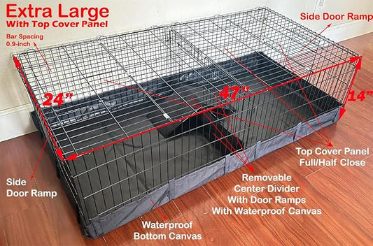 47" X-Large Sturdy Home for Guinea Pig Habitat Hamster Critters Turtle Dwarf Bunny Enclosure Hinged TOP Cover Panel Center Divider Access Door Ramp Mouse Mice Playpen Washable PVC Canvas Bottom