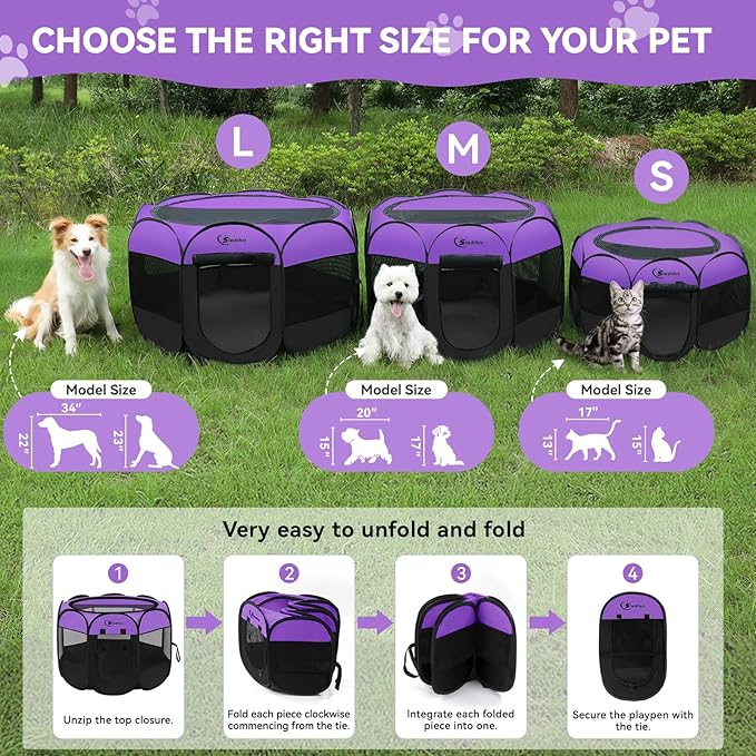 Siedihit Dog Playpen, Puppy Pet Playpen, Dog Crate Tent Cage Indoor/Outdoor, Portable Pop Up Dogs Kennel Playpen with Carrying Case for Dogs/Cats/Rabbits, Purple, Medium