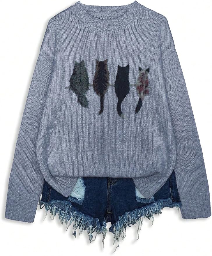 WDIRARA Women's Cat Graphic Sweater Long Sleeve Crew Neck Knit Tops Casual Knitwear