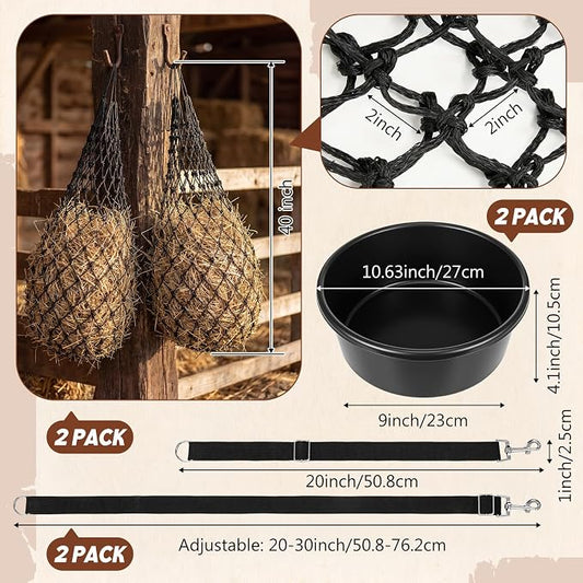 6 Pcs Horse Supplies Set 2 Hay Bags 2 Heavy Duty Rubber Feed Pans 2 Horse Bucket Strap Hangers for Slower Feeding Hay Bag Hanging Stable Trailer