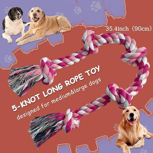 Lmlpt Dog Rope Toy for Large Aggressive Chewers, Heavy Duty Rope Chew Toy Indestructible Tough Tug of War Pink Dog Toys,3 Feet 5 Knots Interactive Cotton Ropes Toys for Large Breeds Teeth Cleaning