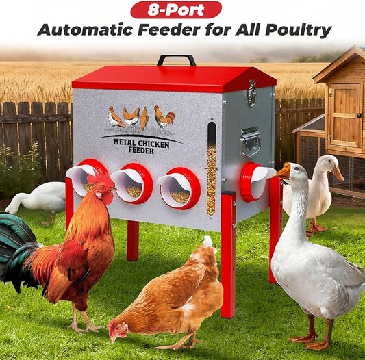 Automatic Chicken Feeder 50LBS Large Capacity, 8 Anti-Waste Ports Metal Poultry Feeder with Height Adjustable Stand, Waterproof Rodent Proof Feed Box with Lid Viewing Window for Hens Ducks Geese
