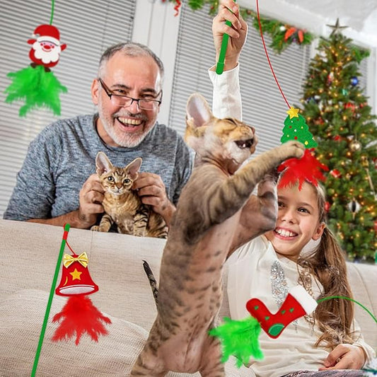 Christmas Cat Toys,4 Pack Cat Wand Toys for Indoor Cats Gifts with Catnip and Feathers, Wand for Cats and Kitten