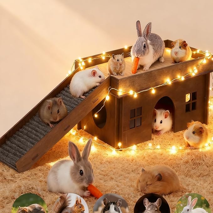 Large Bunny House with Stair, Wooden Bunny Castle Rabbit Hideout, Chinchilla and Guinea Pigs Hut Hideouts, Sturdy Rabbit Cage Hamster Hideout Bed Hutch(Excluding String Lights)