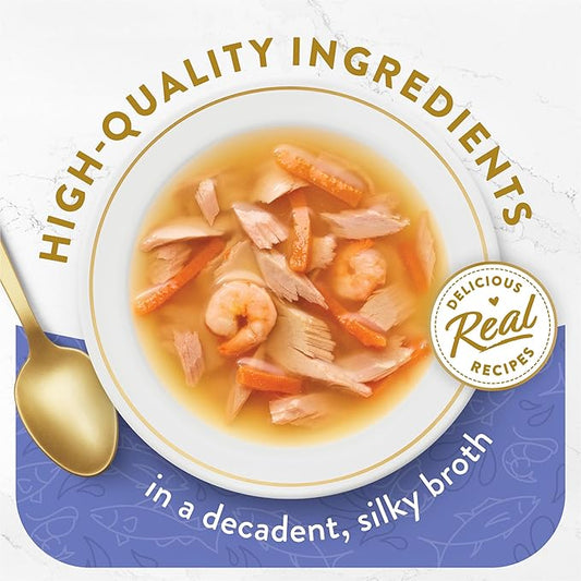 Fancy Feast Purina Limited Ingredient Wet Cat Food Complement,Broths with Tuna,Shrimp & Whitefish - 1.4 oz. Pouches,(Pack of 32)