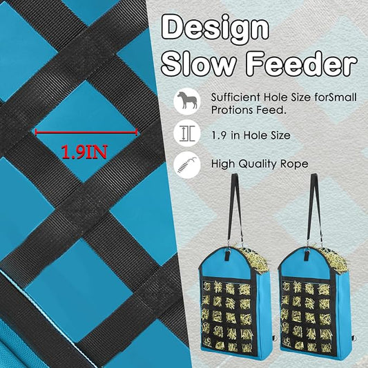 2 Pack Heavy Duty 1200D Oxford Slow Feeder Hay Bag with Large Opening for Horse, Goat, Donkeys, 13.78x7.45x18.1 Inch, Blue