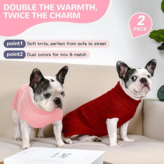 Dog Sweater 2 Pack for Medium Dogs, Size L, Pink & Red | Stretchy cable knit turtleneck, machine washable, high belly cut, comfy winter fit for French Bulldog, Corgi