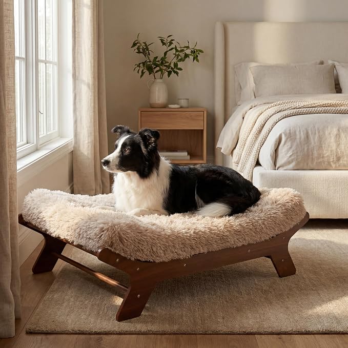 Muihood Wood Elevated Dog Bed Frame and Egg Crate Foam Mattress, Luxurious Suitable for Pets Up to 80 lbs, Walnut Grain Pattern, L