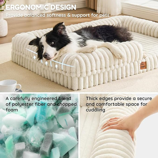 ChiXnuggle Orthopedic Dog Bed with Bolster Sides for Sleeping, Fluffy Plush Rectangular XL Dog Bed, Luxury Striped Faux Fur Waterproof Dog Couch with Removable Washable Cover, Cream