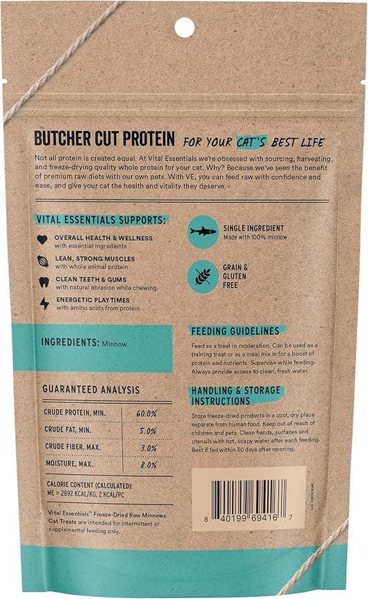 Vital Essentials Freeze Dried Minnows Cat Treats | Single Ingredient | Premium Quality | Grain Free, Healthy Treats for Cats, 1.5 oz Bag