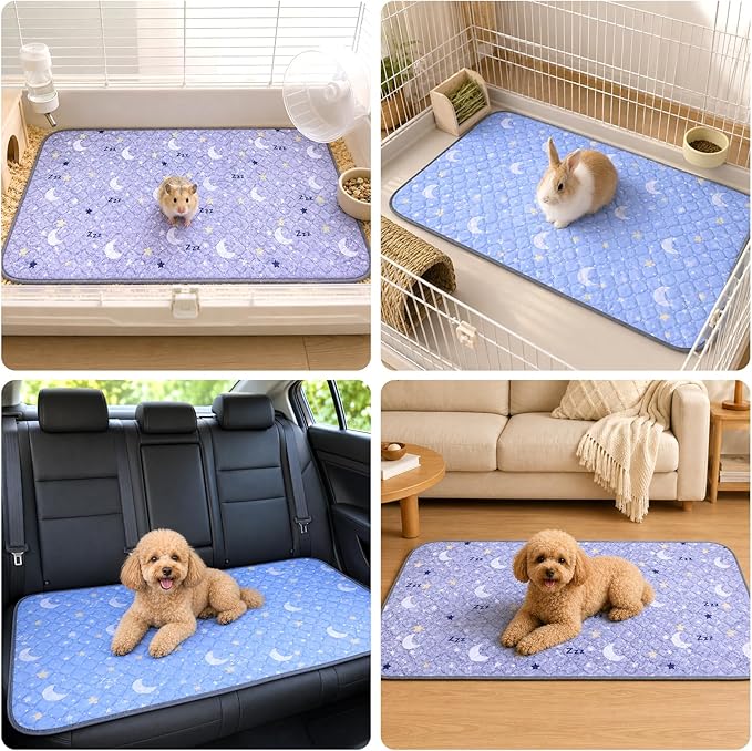 Guinea Pig Cage Liner 2 Pack Super Absorbent Washable Guinea Pig Pee Pads Waterproof Reusable Anti Slip Bedding Pee Pad Mat for Rabbit Bunny Rat Cat (Stars&Moon, 28" x 14" (2 Pack))