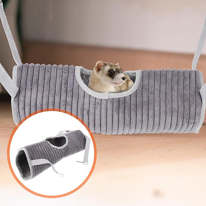 STOBAZA Small Animal Hammock and Tunnel Hanging Bed, Gray Fleece Pet Ferret Nest and Hamster Sleeping Accessory for Cage Habitat