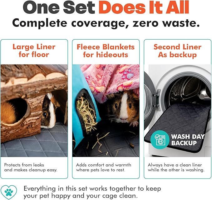Reusable Guinea Pig Cage Liners 5 Pcs - 2 Washable Midwest Pee Pads 47"x24" & 3 Soft Bunny Fleece Blankets 24"x16", Waterproof Rabbit Bedding with Odor Control, Absorbent Small Pet Mats
