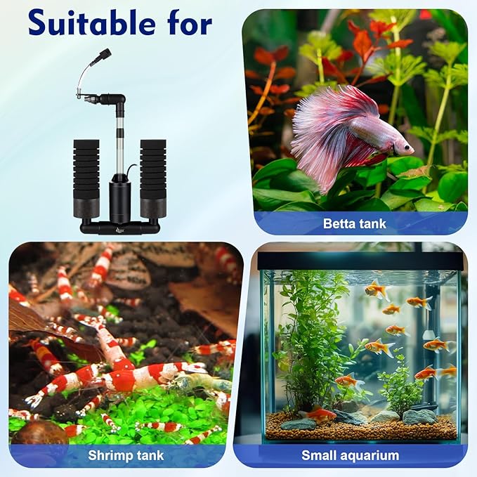 AQQA Electric Sponge Filter for Aquarium – Quiet USB Powered Breeding & Shrimp Filter with Bio Ceramic Media, Adjustable Air Intake & 360° Rotatable Outflow (110V Adapter Included) (M)