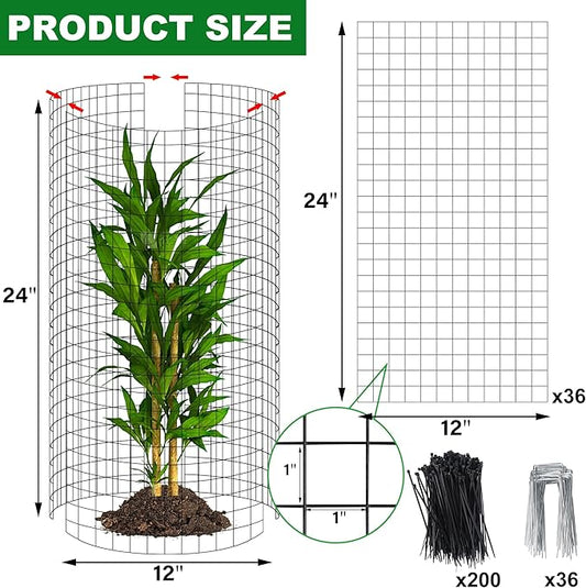winemana 12 Set Plant Protectors Covers from Animals, 36 Pcs 24x12 Inch Metal Wire Garden Cages with Stakes & Ties, Outdoor Protection to Keep Rabbits Chickens Out for Flowers Vegetables (Black)