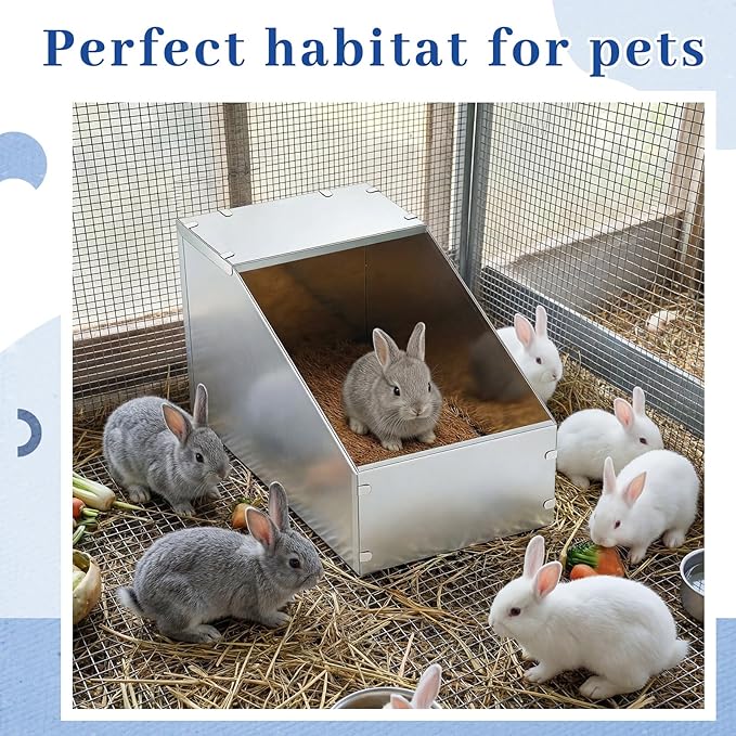 Maxcheck Galvanized Metal Rabbit Nesting Box, 18.5*10.6*10 in with 2 Pcs Grass Mats, Bunny Small Animal Nest with Removable Acrylic Floor for Breeding, Durable, Easy to Clean for Indoor/Outdoor Use