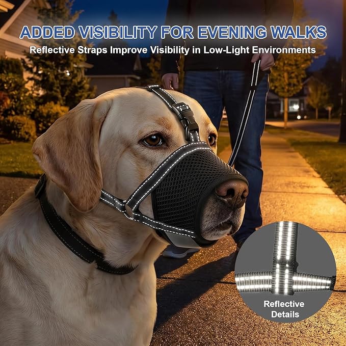 Soft Dog Muzzles for Small Medium Large Dogs, Mesh Soft Mouth Guard for Chewing and Barking Prevention, Adjustable Hook and Loop Loop with Reflective Strap for Grooming, Vet Visits & Walks (Black, S)