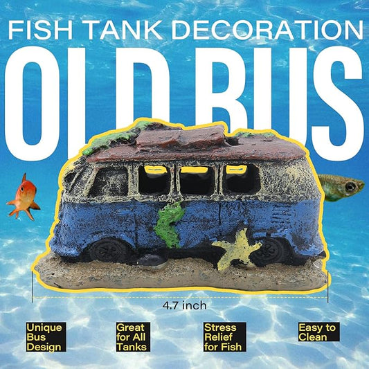 Old Bus Aquarium Decoration 4.7"" – Vintage Resin Fish Tank Ornament with Multiple Hiding Spots, Fish Shelter for Small and Medium Aquariums, Stress-Relief Underwater Decor, Easy to Clean