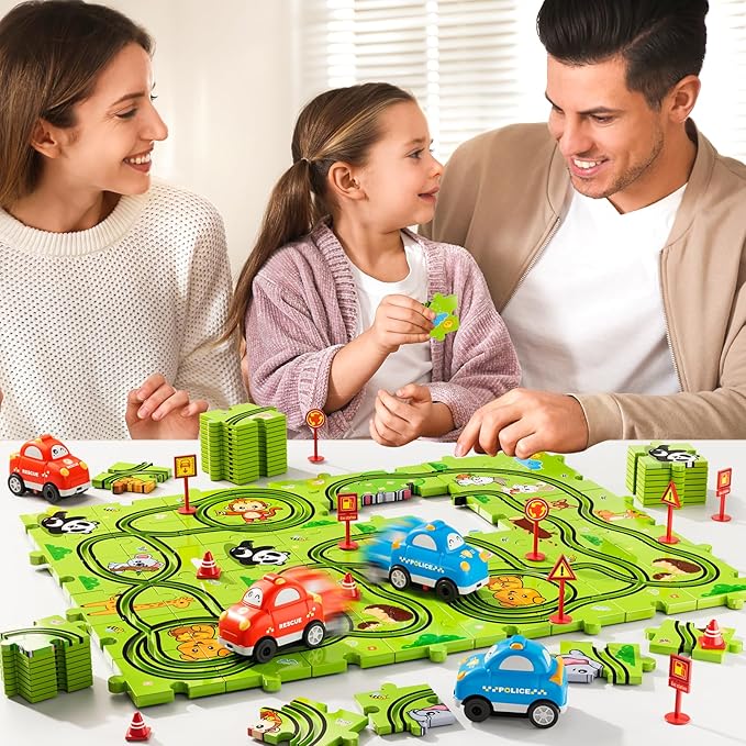 Beby Buty 48PCS Puzzle Race Track Car Set Toys for Kids Boys, Floor Puzzle Car Tracks for Boys Ages 3-5 4-6, Toddler Toys Gifts for 3 4 5 Year Old Kids, Ideal 3 4 5 6 Year Old Birthday Gifts