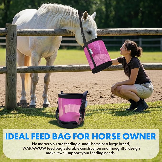 Horse Feed Bag Pack of 2 (Reinforced Bottom Edging), Feed Bags for Horses with Ventilation Mesh, Comfort Nose Pad Neck Pad, Adjustable Strap, Spill Proof Design for Feeding Grain, Supplements
