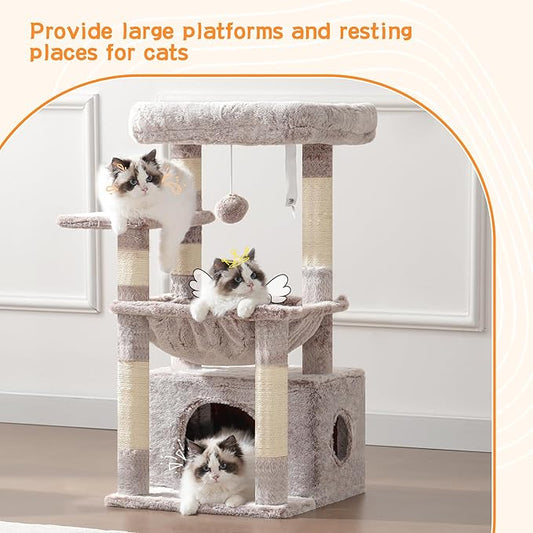 Heybly Cat Tree, Kitten Tower with Large Soft Cat Basket,Cat Condo with Spacious Cat Bed Cave with Hidden Space,Sisal-Covered Scratching Posts,Dangling Ball for Indoor Cats, Muchroom HCT008SMU