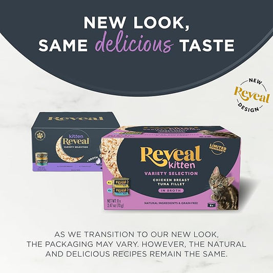 Reveal Natural Wet Kitten Food, Limited and Natural Ingredients, Grain Free, High Protein with No Artificial Additives, Chicken & Tuna Variety in Broth (8 x 2.47 oz Cans)