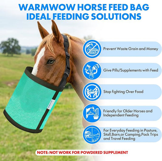 Horse Feed Bag Pack of 2 (Reinforced Bottom Edging), Feed Bags for Horses with Ventilation Mesh, Comfort Nose Pad Neck Pad, Adjustable Strap, Spill Proof Design for Feeding Grain, Supplements