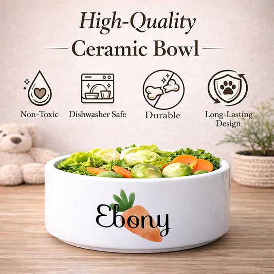 Custom Rabbit Bowl | Personalized Food & Water Dish with Name | Microwave & Dishwasher Safe Ceramic Pet Feeding Bowl | Gift Idea for New Bunny Owners | White – Large