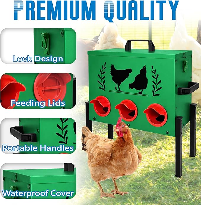 No Waste Automatic Chicken Feeder (30 LB), Rodent Resistant Metal Poultry Feeder with Locking Lid, Adjustable Stand & 8 Ports, Heavy Duty Weatherproof Feed Box for Hens, Ducks