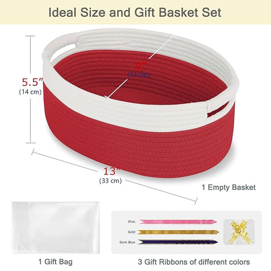 Small Woven Basket with Gift Bags and Ribbons, Empty Baby Gift Baskets for Kids Women Men, Shelf Storage, Small Cat Dog Pet Toy Boxes, 13”x 9”x 5.5”, Red