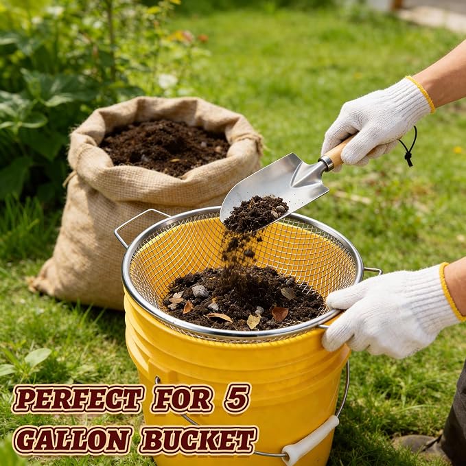 3PCS Soil Sifter for Gardening, Rock Soil Sifter with Handle Compost Sifting Screen for 5 Gallon Buckets with Metal Garden Tool Shovel Gloves 2,4,6mm Mesh Sizes Remove Stone Fine Gravel Sand Dirt