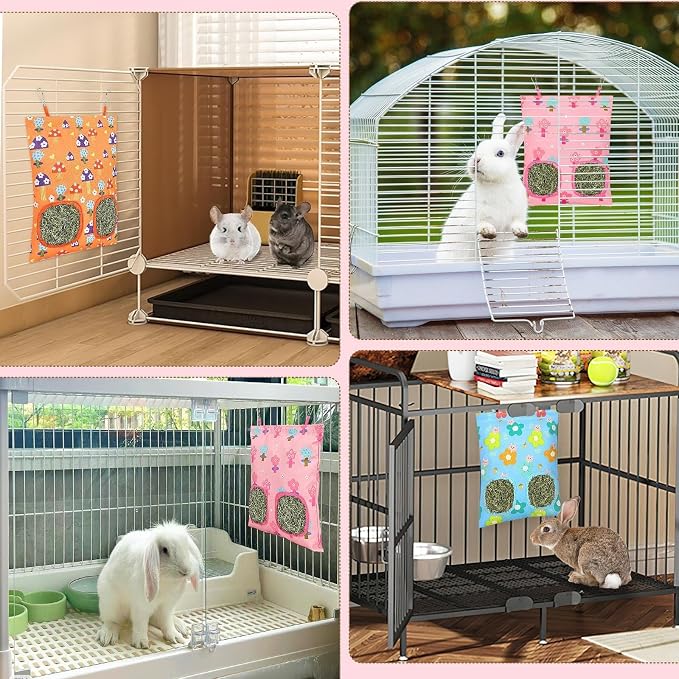 UPINS 3 Hay Bag for Rabbits, 2-Hole Hanging Hay Feeder for Chinchillas, Rabbits, Hamsters and Small Pets