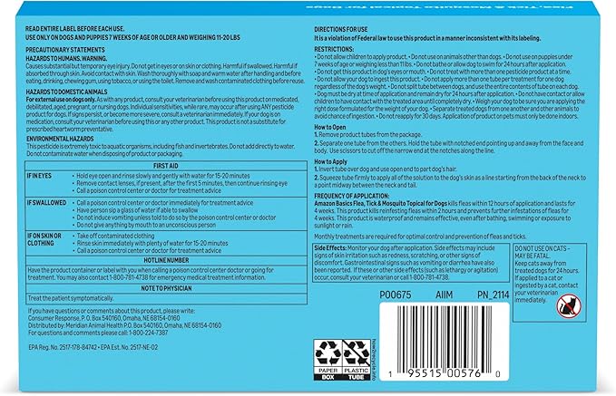 Amazon Basics Flea, Tick & Mosquito Topical Treatment & Prevention for Medium Dogs (11-20 pounds), Fast-Acting, Kills Fleas, Eggs & Larvae, 30 Day Protection, 6 Count, Packaging May Vary